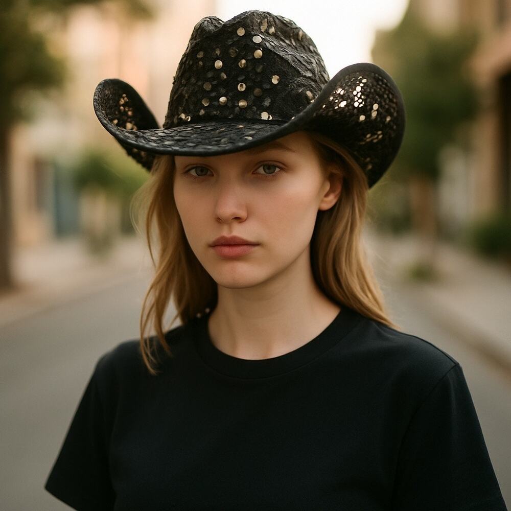Whittall & Shon Black Sequin Cowboy Hat Women’s Western Glam Woven